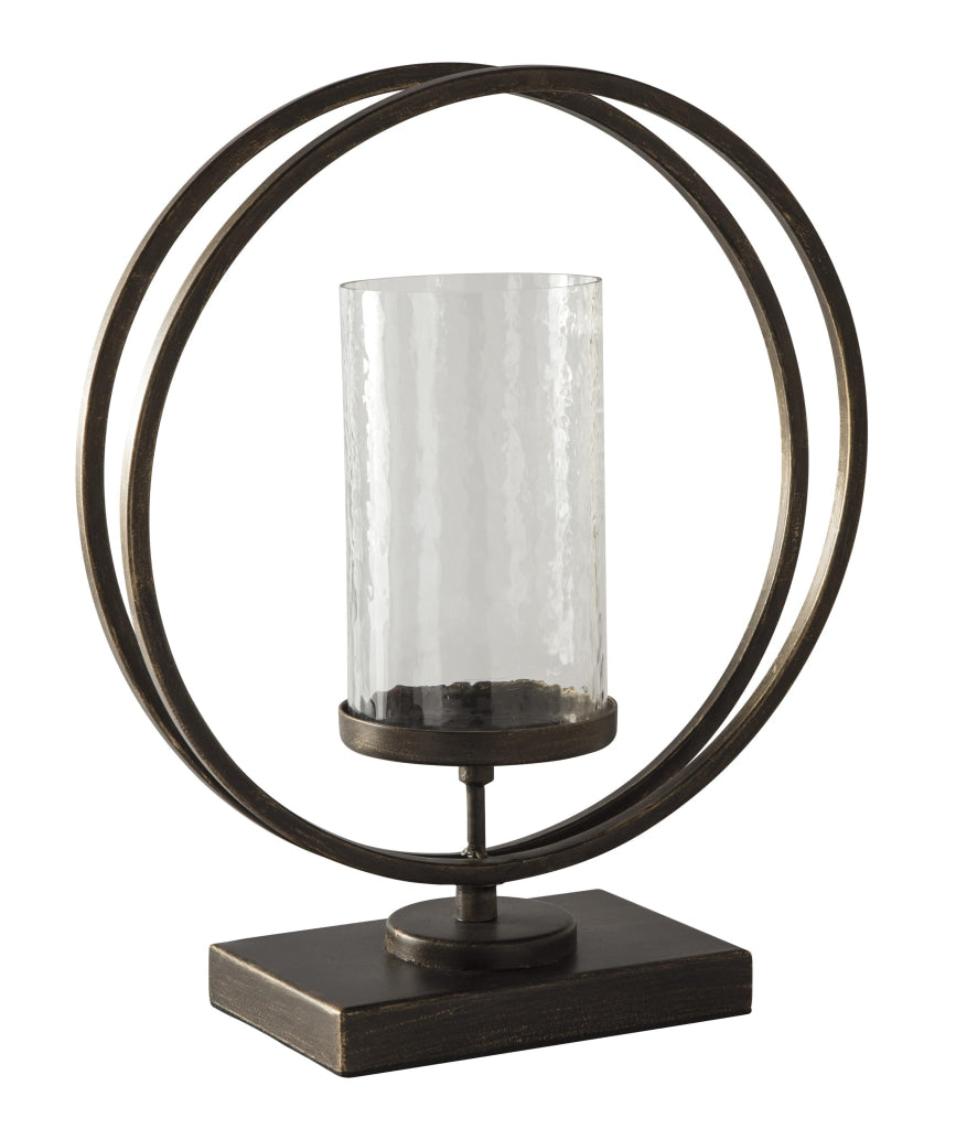 Round Metal Candle Holder with Rectangular Base, Brown and Clear By Casagear Home