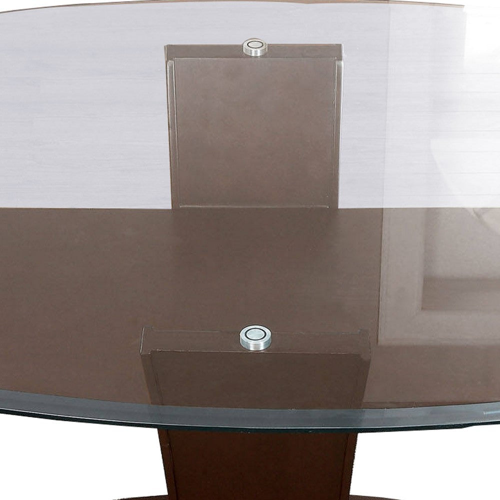 Wooden Dining Table with Glass Top and Flared Pedestal Base Brown By Casagear Home BM209532