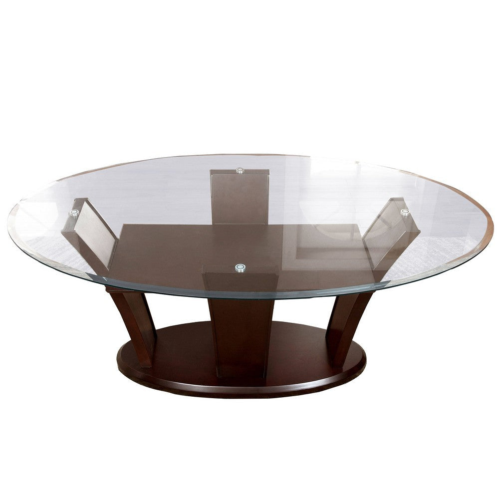 Wooden Dining Table with Glass Top and Flared Pedestal Base, Brown By Casagear Home