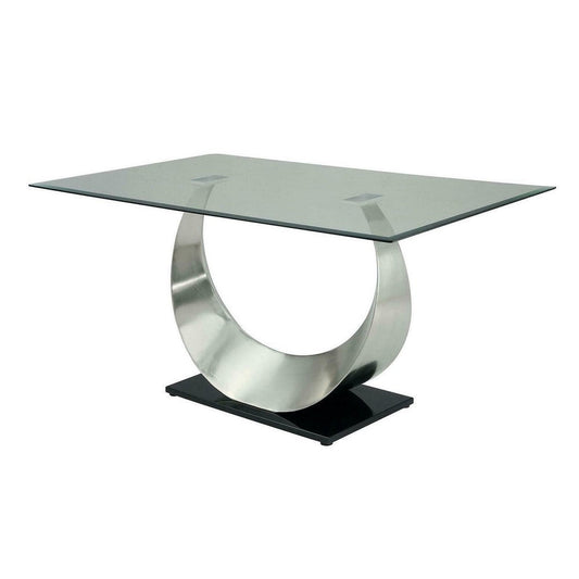 Metal and Glass Dining Table with Unique U Shape Pedestal Base, Chrome and Black By Casagear Home