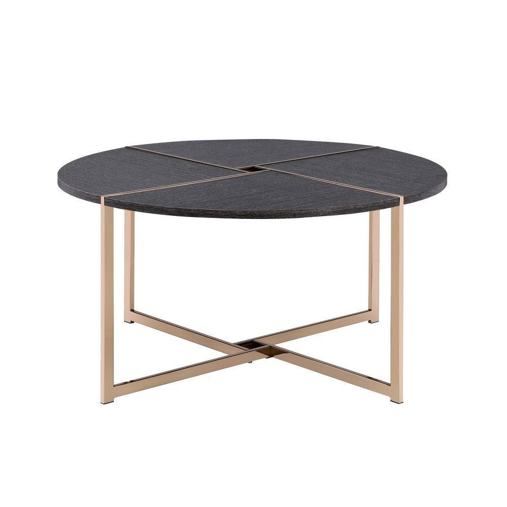 Coffee Table with X Shaped Metal Base and Round Wooden Top Gold and Gray By Casagear Home BM209590