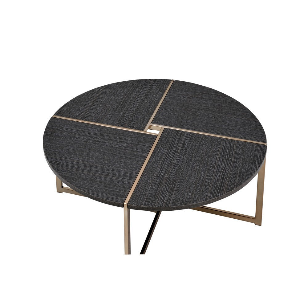 Coffee Table with X Shaped Metal Base and Round Wooden Top Gold and Gray By Casagear Home BM209590