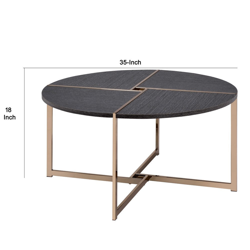 Coffee Table with X Shaped Metal Base and Round Wooden Top Gold and Gray By Casagear Home BM209590