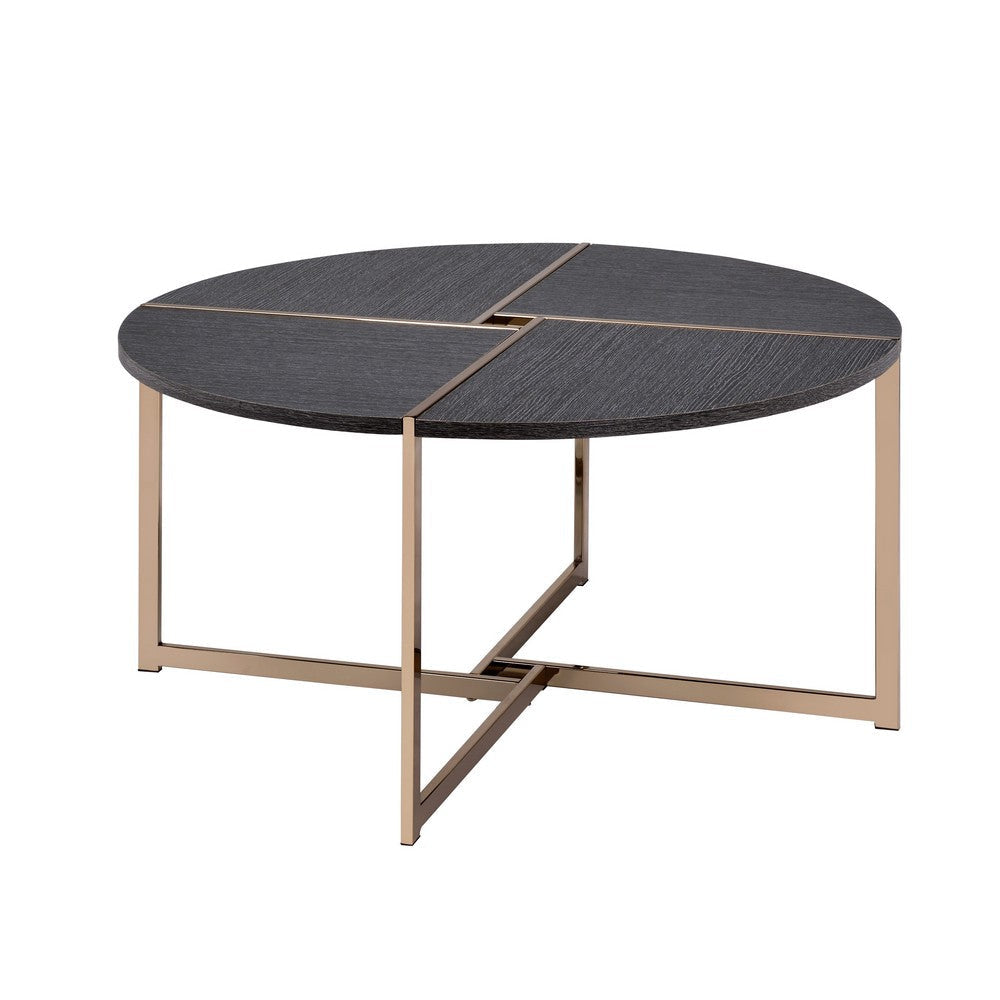 Coffee Table with X Shaped Metal Base and Round Wooden Top, Gold and Gray By Casagear Home