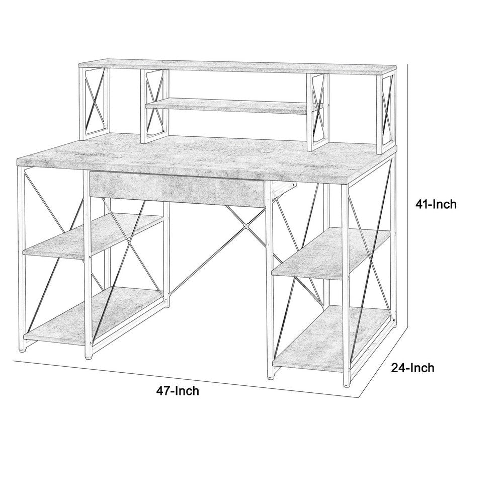 Metal Desk with 4 Open Bottom Shelves and Bookcase Hutch Gray and Black By Casagear Home BM209610