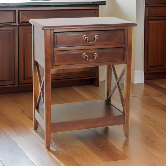 Wooden Nightstand with 2 Drawers and Criss Cross Sides, Brown By Casagear Home