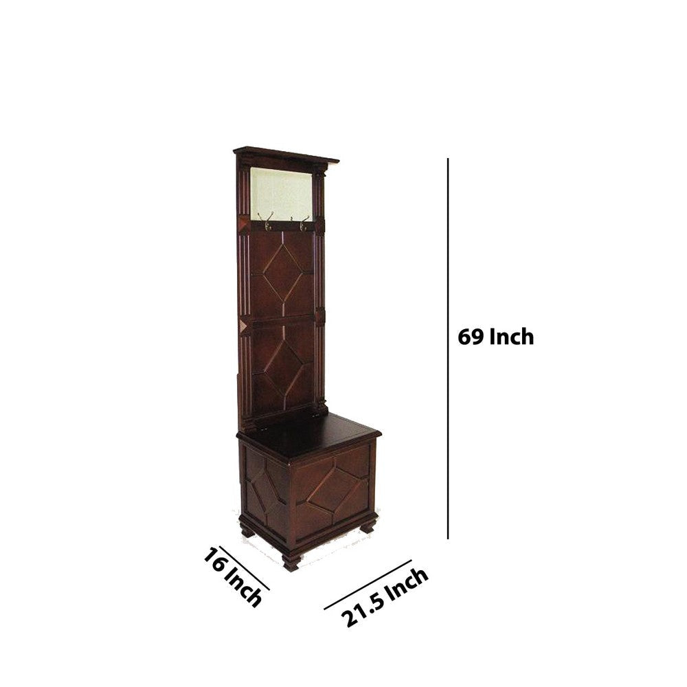 Molded Wooden Frame Hall Tree with Lift Top Box and Mirror Insert Brown By Casagear Home BM210155