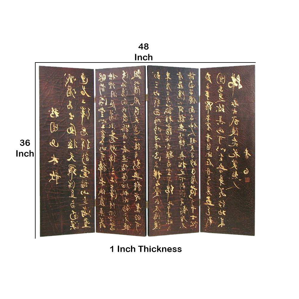 36’ 4 Panel Screen Divider with Chinese Script Brown & Gold By Casagear Home BM210405