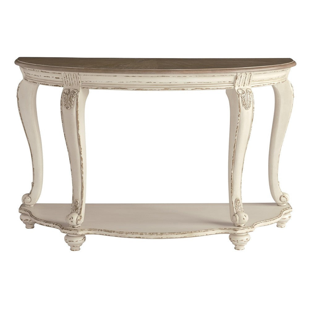 Crescent Moon Wooden Sofa Table with Engraved Details Brown and White By Casagear Home BM210700