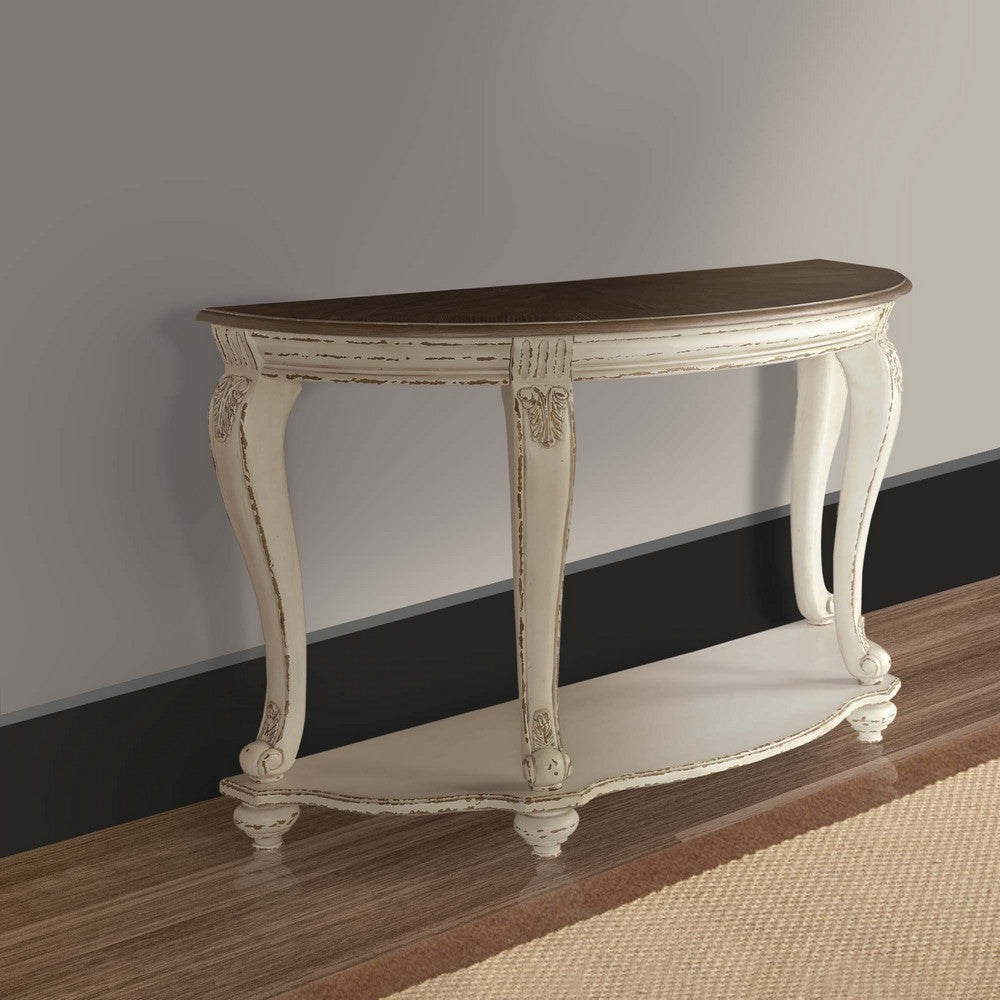 Crescent Moon Wooden Sofa Table with Engraved Details Brown and White By Casagear Home BM210700