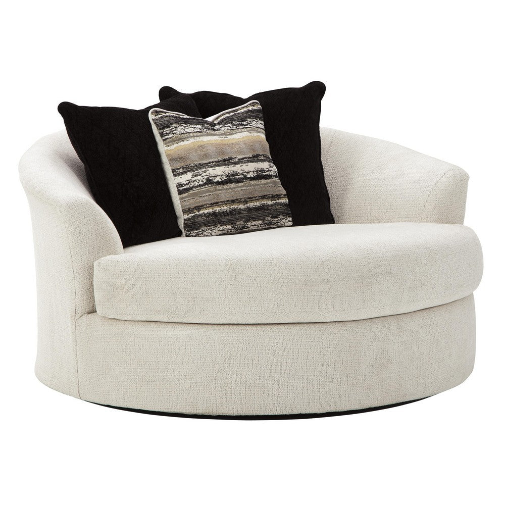 Fabric Upholstered Round Oversized Swivel Chair, Off White By Casagear Home