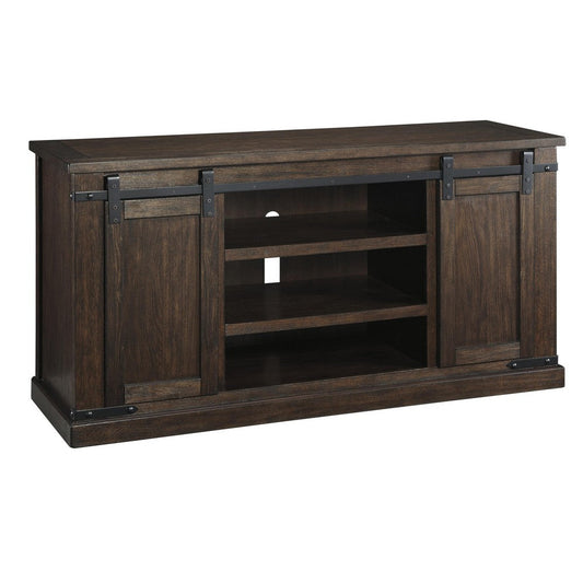 Large Wooden TV Stand with 2 Barn Sliding Doors and 6 Shelves, Brown By Casagear Home