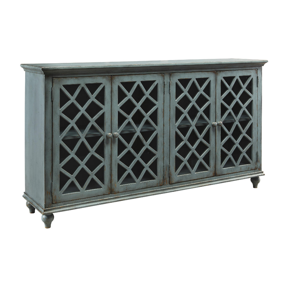 Lattice Design 4 Door Cabinet with Glass Inserts and Bun Feet, Teal Blue By Casagear Home