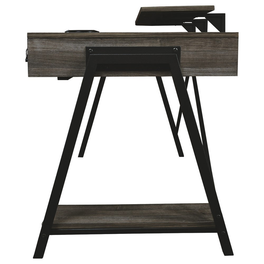 LED Back Light Wooden Gaming Desk with Can Cooler and USB Port Taupe Gray By Casagear Home BM210816