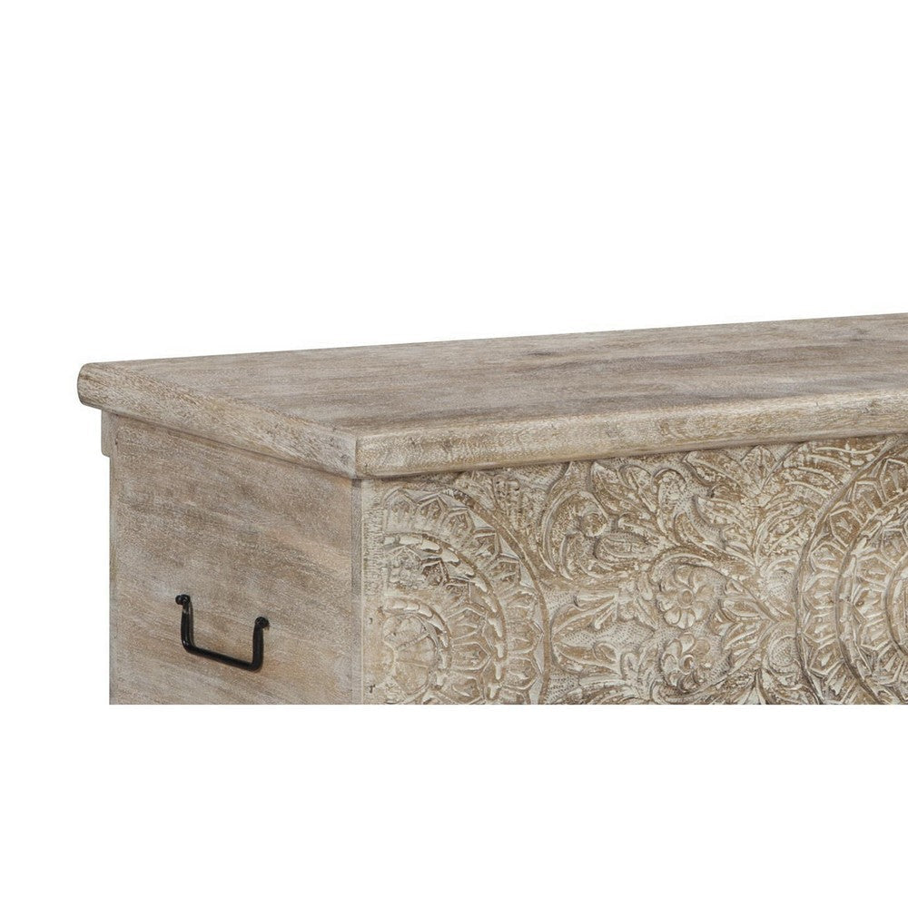 Medallion Pattern Wooden Storage Bench Hinged Opening Antique White Black By Casagear Home BM210821