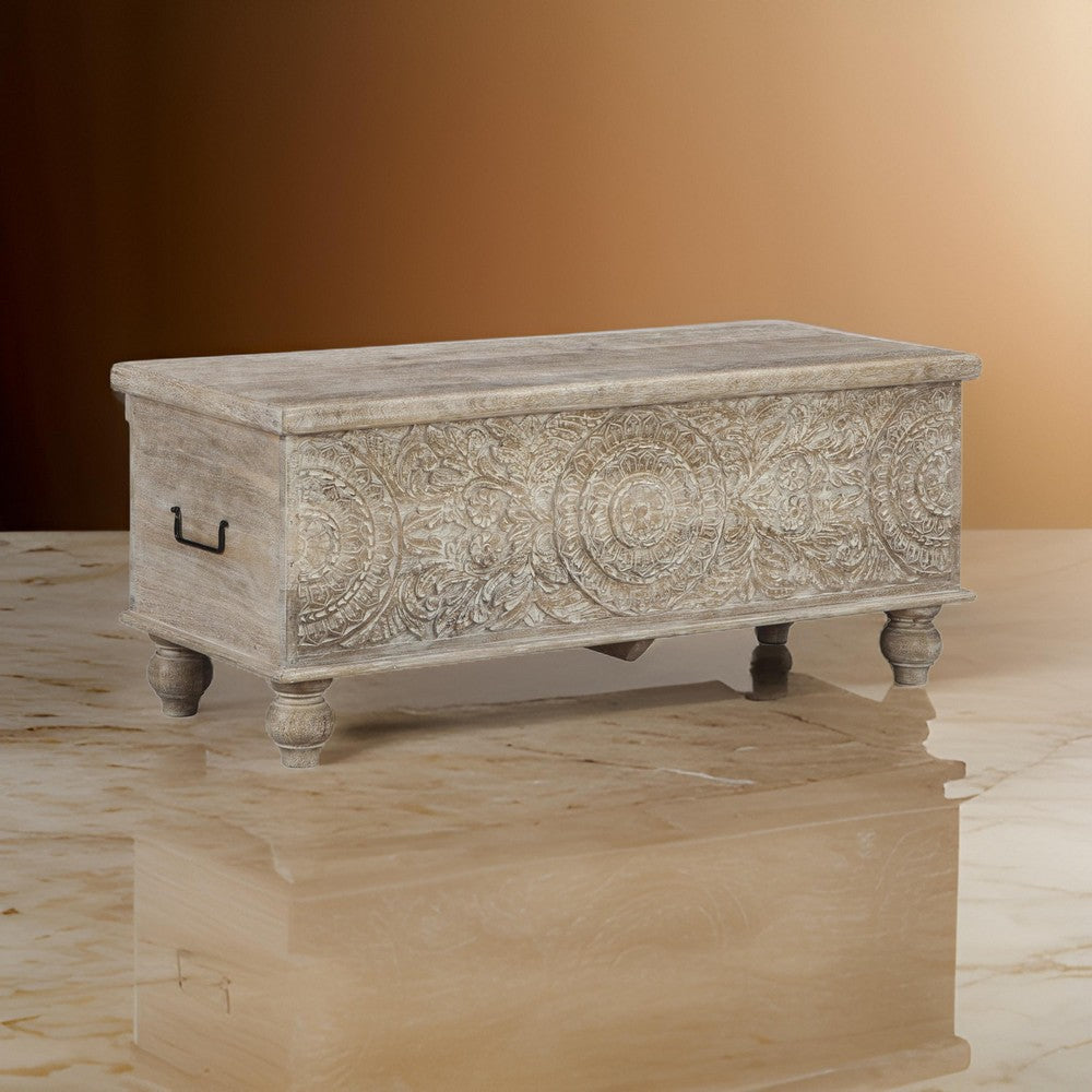 Medallion Pattern Wooden Storage Bench Hinged Opening Antique White Black By Casagear Home BM210821