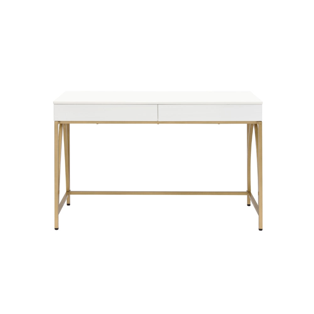 47 2 Drawer Wood Frame Desk With Metal Support White and Gold By Casagear Home BM211100