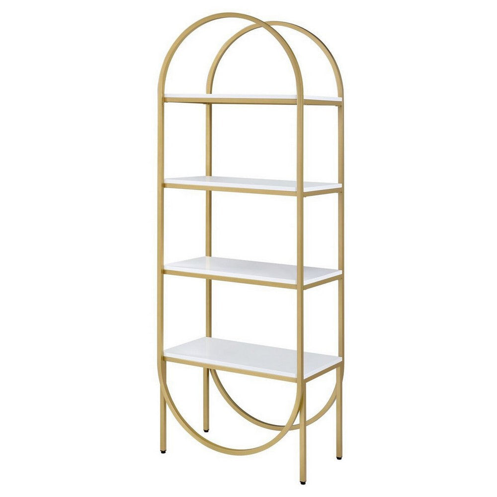 78’ 4 Tier Arc Shape Wood and Metal Bookshelf White and Gold By Casagear Home BM211101