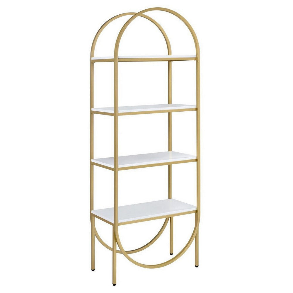 78’ 4 Tier Arc Shape Wood and Metal Bookshelf White and Gold By Casagear Home BM211101