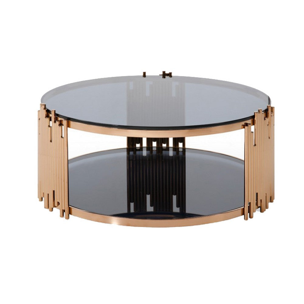 Coffee Table with Round Smoked Glass Top and Metal Pipe Frame Rose Gold By Casagear Home BM211180