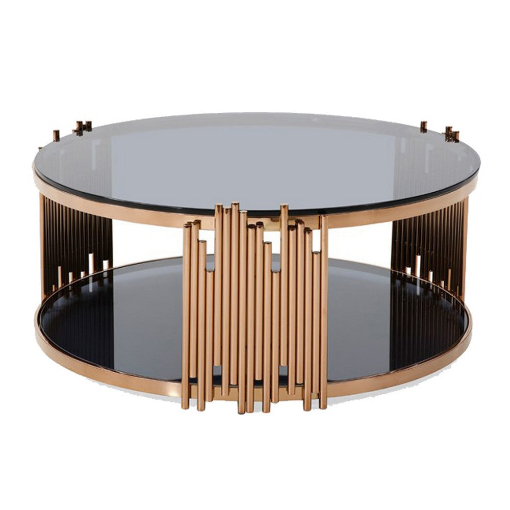 Coffee Table with Round Smoked Glass Top and Metal Pipe Frame, Rose Gold By Casagear Home