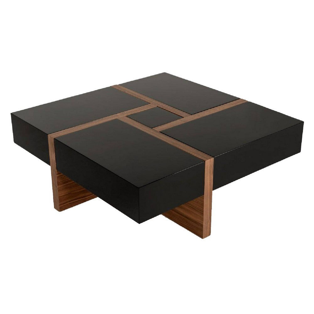 Square Top Wooden Coffee Table with 4 Drawer Storage, Brown and Black By Casagear Home