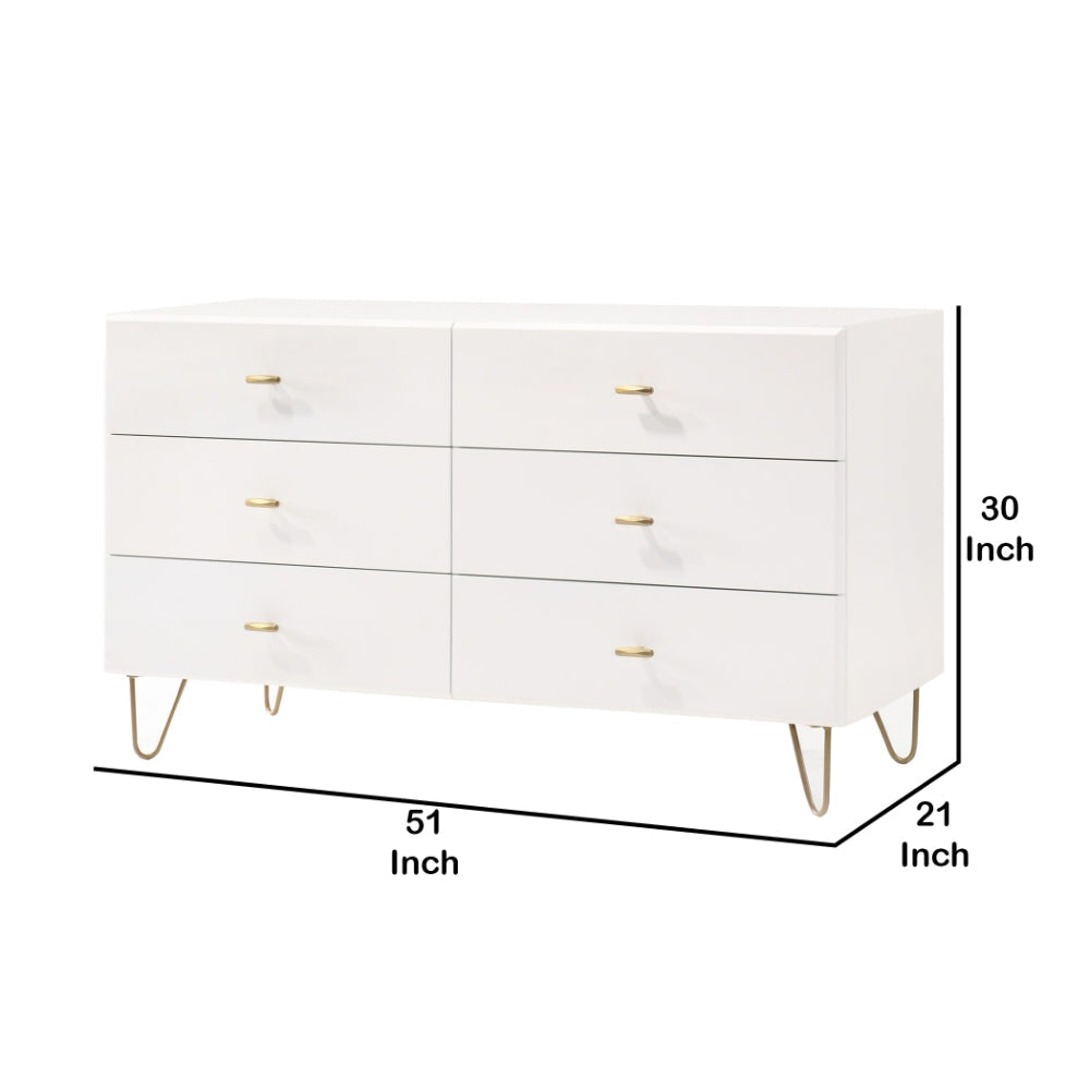 51 6-Drawer Double Dresser with Hairpin Legs White By Casagear Home BM211214