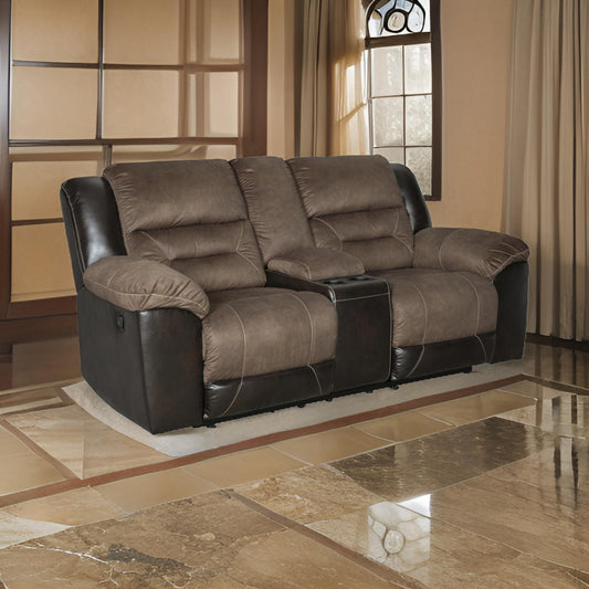 Leatherette Upholstered Recliner Loveseat with Cup Holders, Brown By Casagear Home