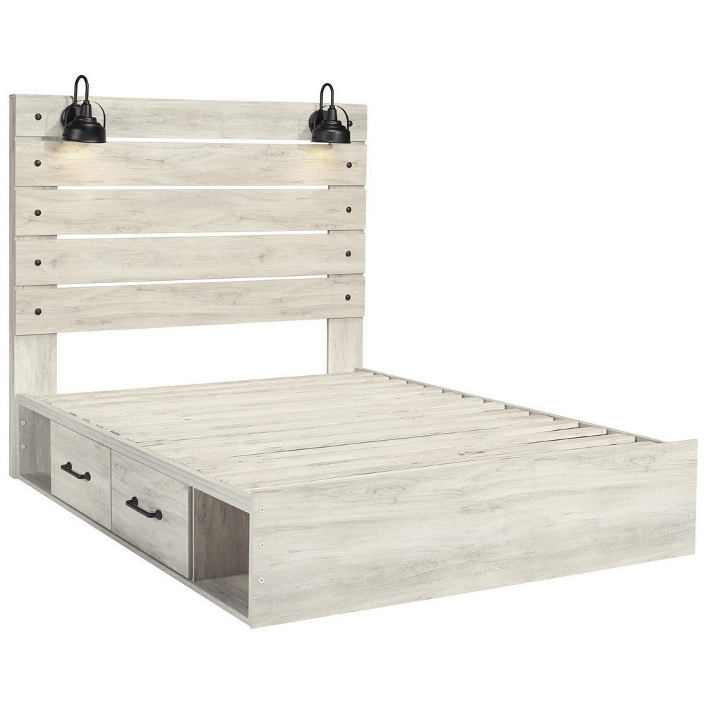 Transitional Wooden Queen Panel Headboard with Slated Design and Lamp White By Casagear Home BM213292