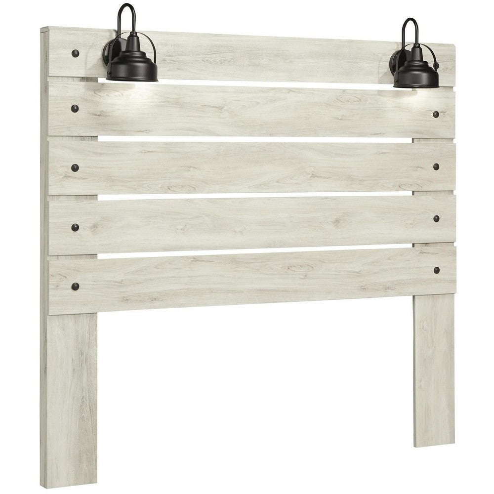 Transitional Wooden Queen Panel Headboard with Slated Design and Lamp, White By Casagear Home