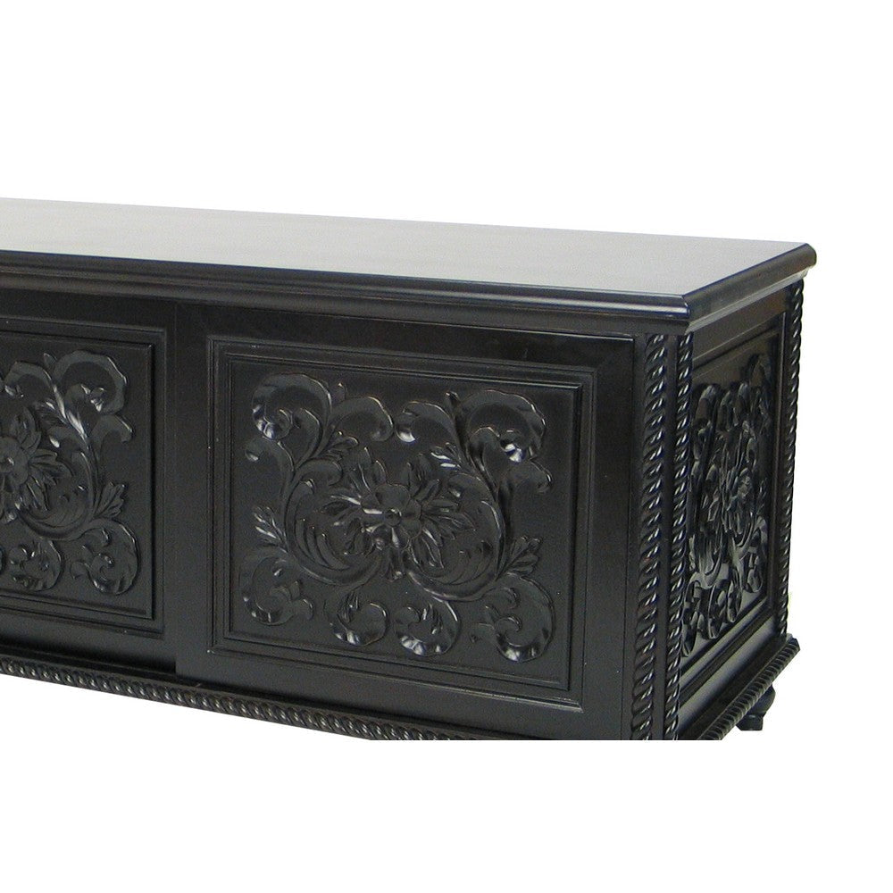 Hand Carved TV Console with Floral Motifs and 3 Sliding Doors Black By Casagear Home BM213415