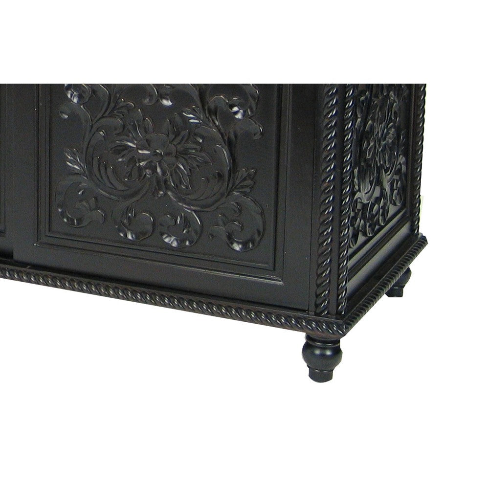 Hand Carved TV Console with Floral Motifs and 3 Sliding Doors Black By Casagear Home BM213415