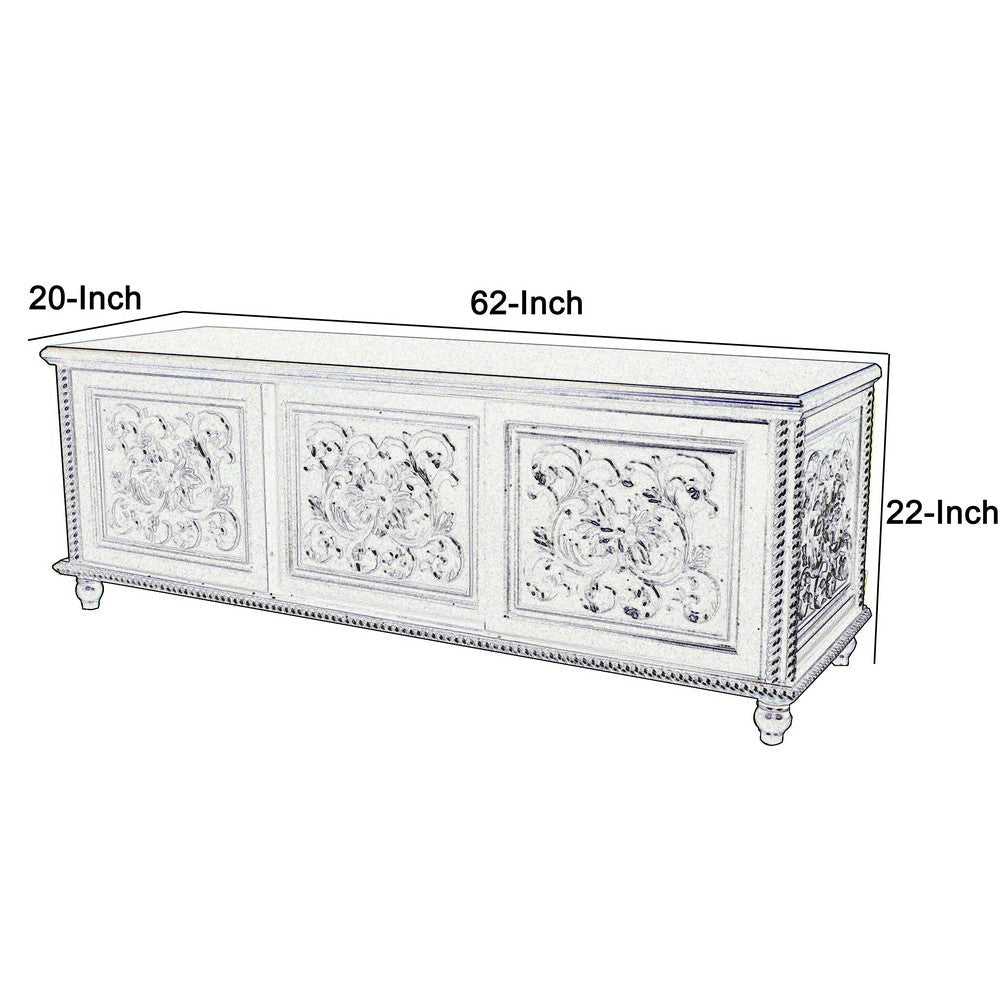 Hand Carved TV Console with Floral Motifs and 3 Sliding Doors Black By Casagear Home BM213415