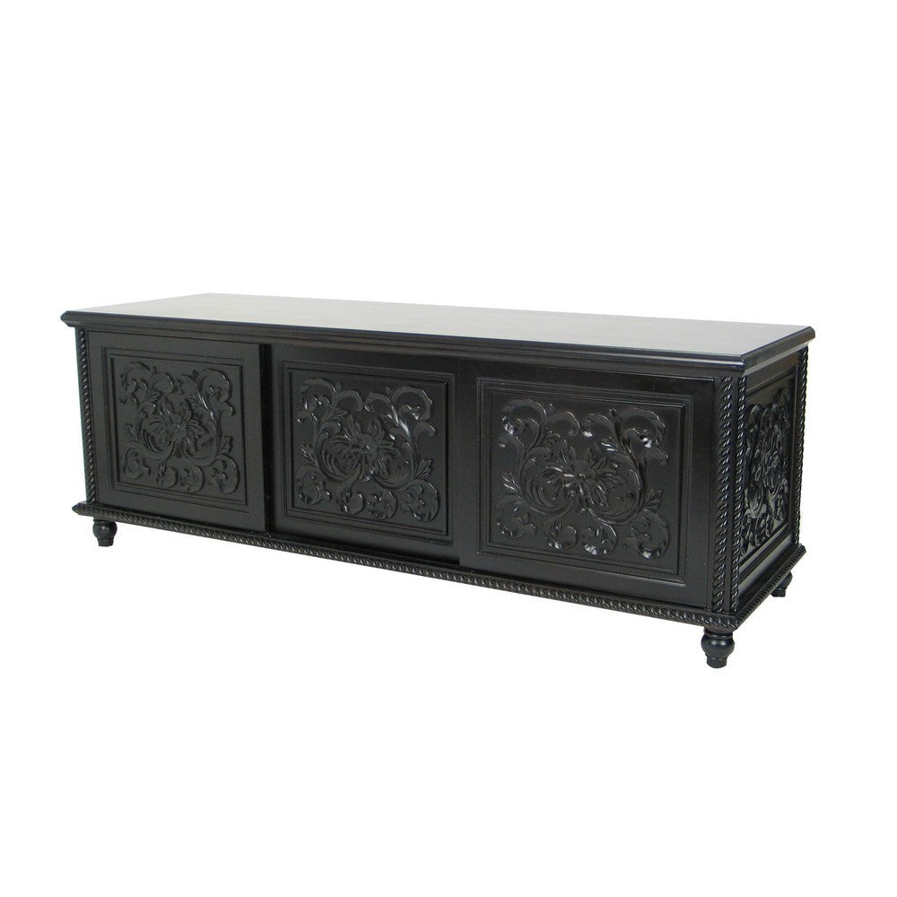 Hand Carved TV Console with Floral Motifs and 3 Sliding Doors, Black By Casagear Home