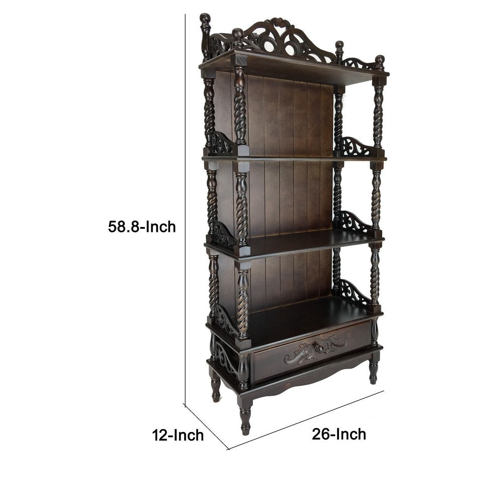 59’ 1-Drawer 3 Shelf Carved Wooden Bookcase Brown By Casagear Home BM213452