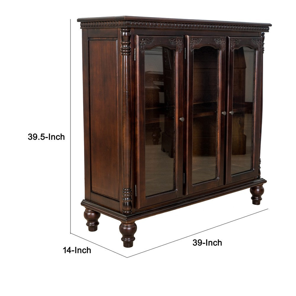 Traditional Wood and Glass Accent Cabinet with Carved Details Brown By Casagear Home BM213463