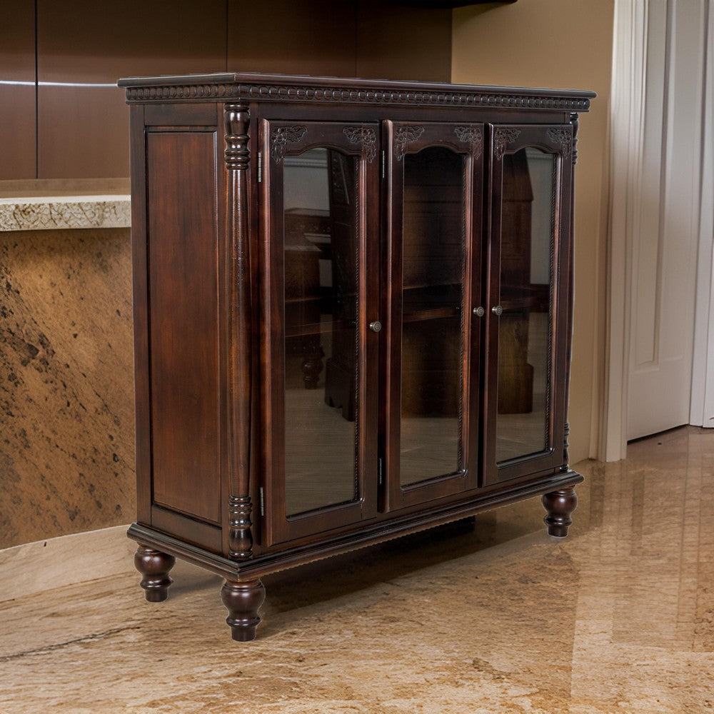 Traditional Wood and Glass Accent Cabinet with Carved Details, Brown By Casagear Home