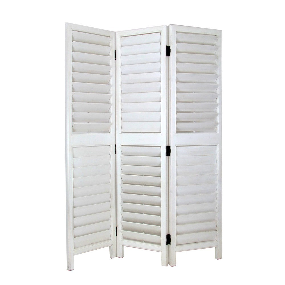 Wooden 3 Panel Room Divider with Slatted Design, White By Casagear Home