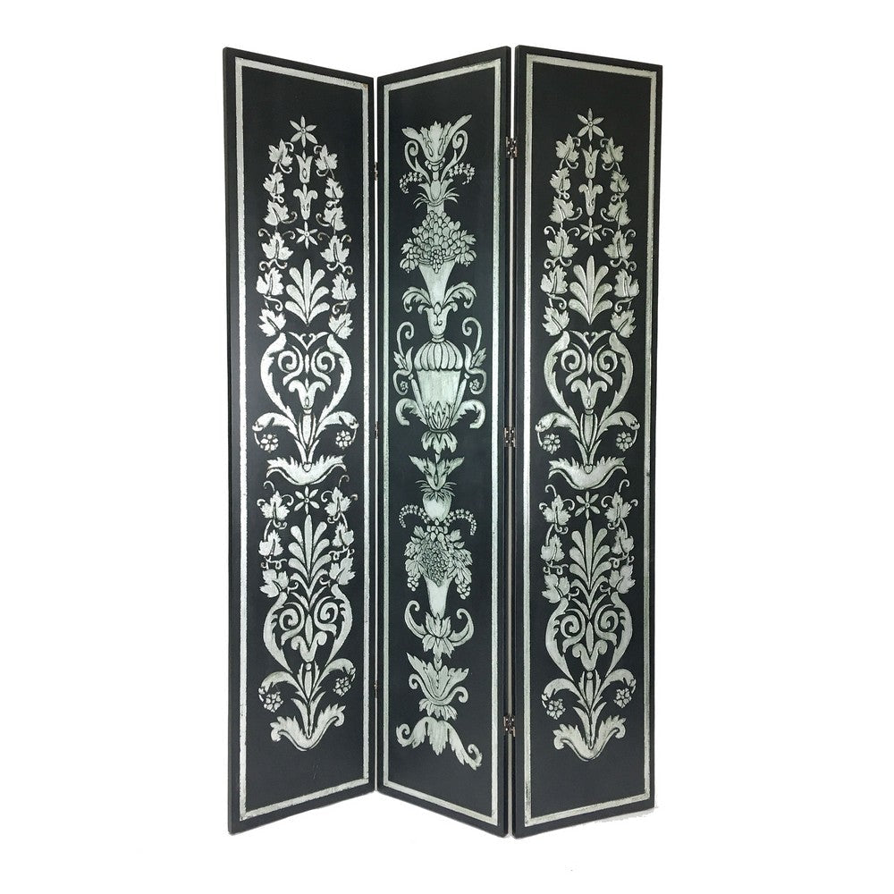 Wooden Double Sided 3 Panel Room Divider with Motifs Multicolor By Casagear Home BM213494