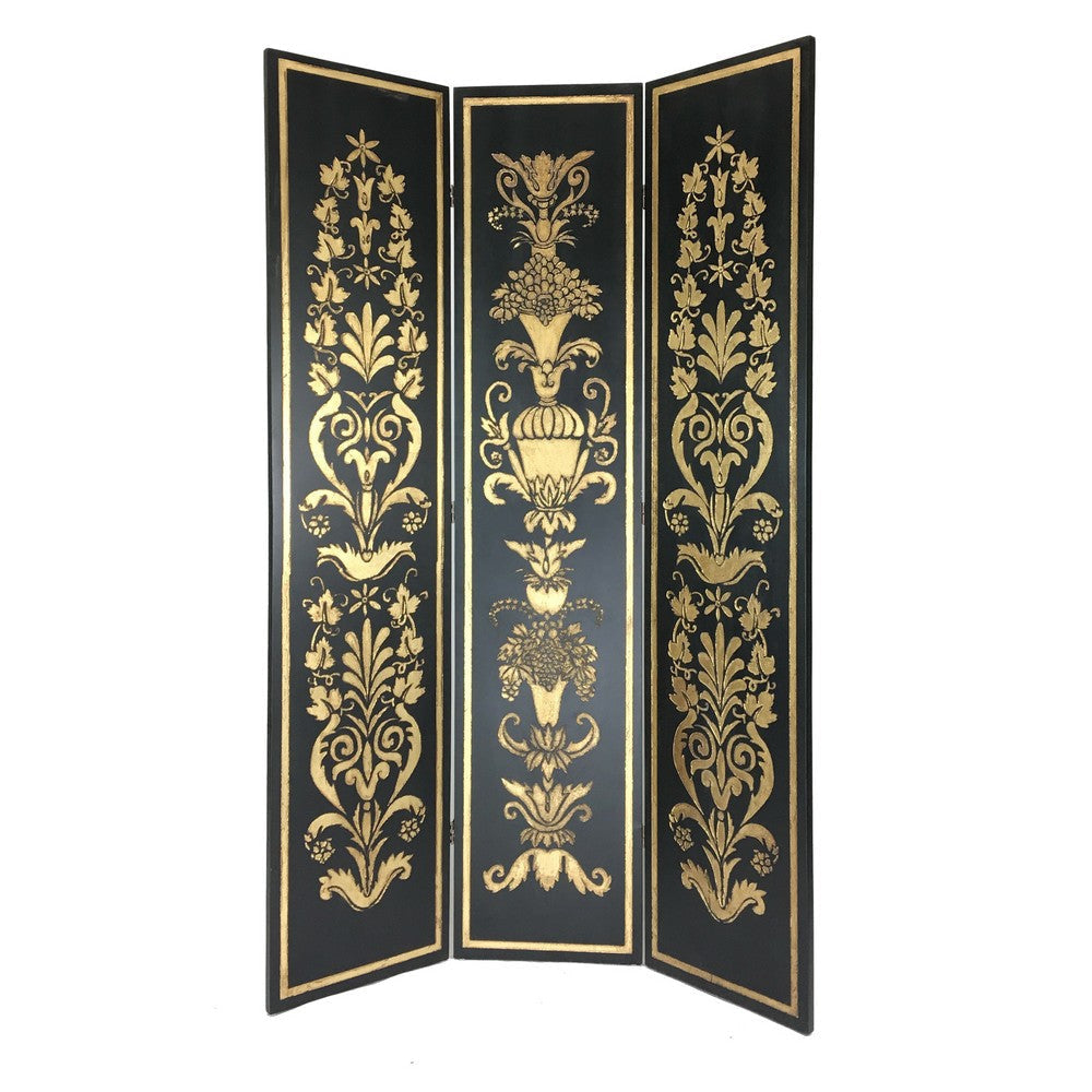 Wooden Double Sided 3 Panel Room Divider with Motifs Multicolor By Casagear Home BM213494