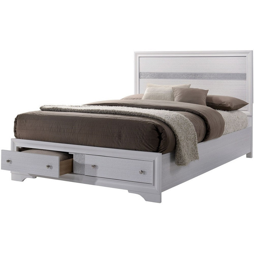 Panel Design Eastern King Bed with Silver Accents and Bracket Feet, White By Casagear Home