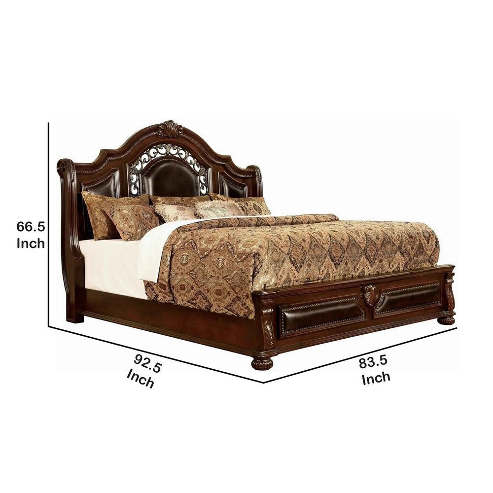 Traditional Eastern King Bed with Scalloped Headboard and Bun Feet,Brown By Casagear Home BM214098