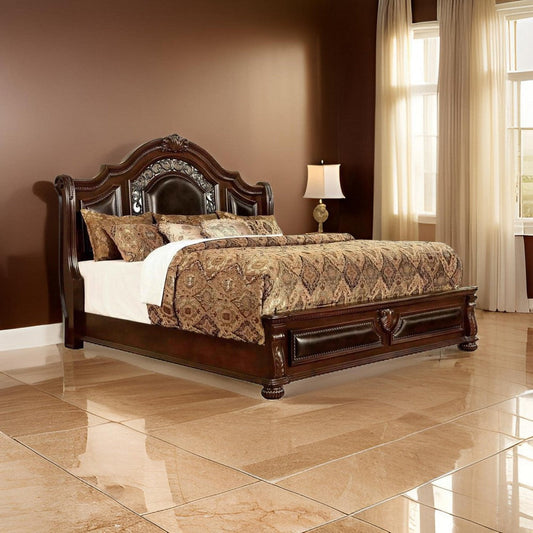 Traditional Eastern King Bed with Scalloped Headboard and Bun Feet,Brown By Casagear Home BM214098