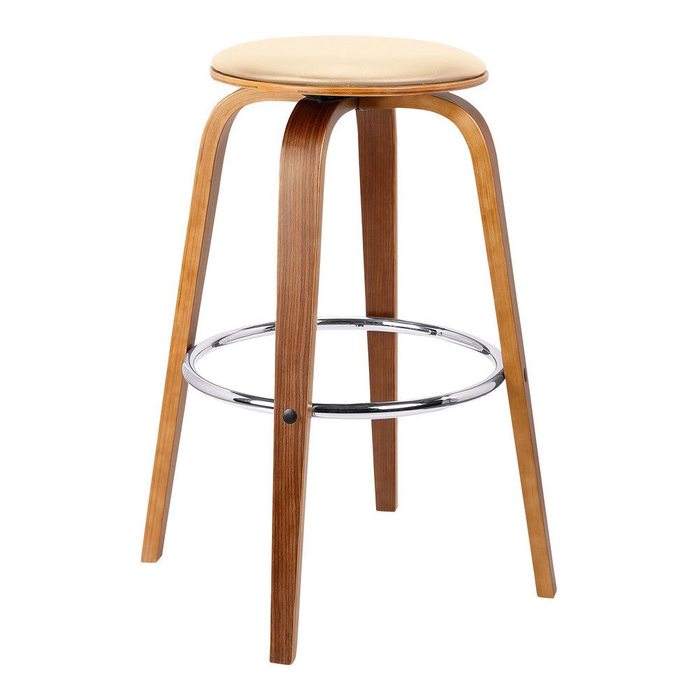 Round Leatherette Wooden Counter Stool with Flared Legs, Brown and Cream By Casagear Home