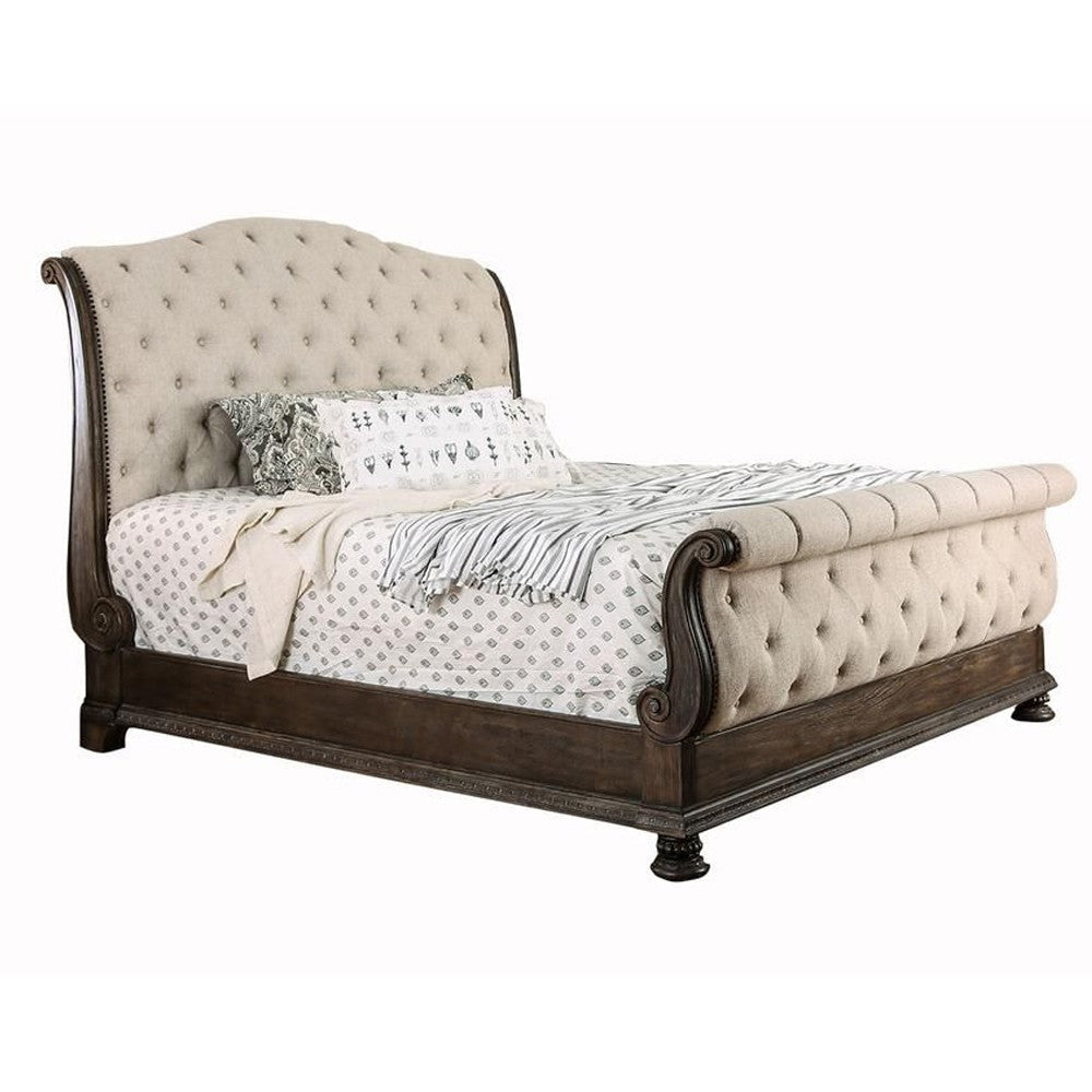 Eastern King Bed with Sleigh Headboard and Footboard, Brown and Beige By Casagear Home