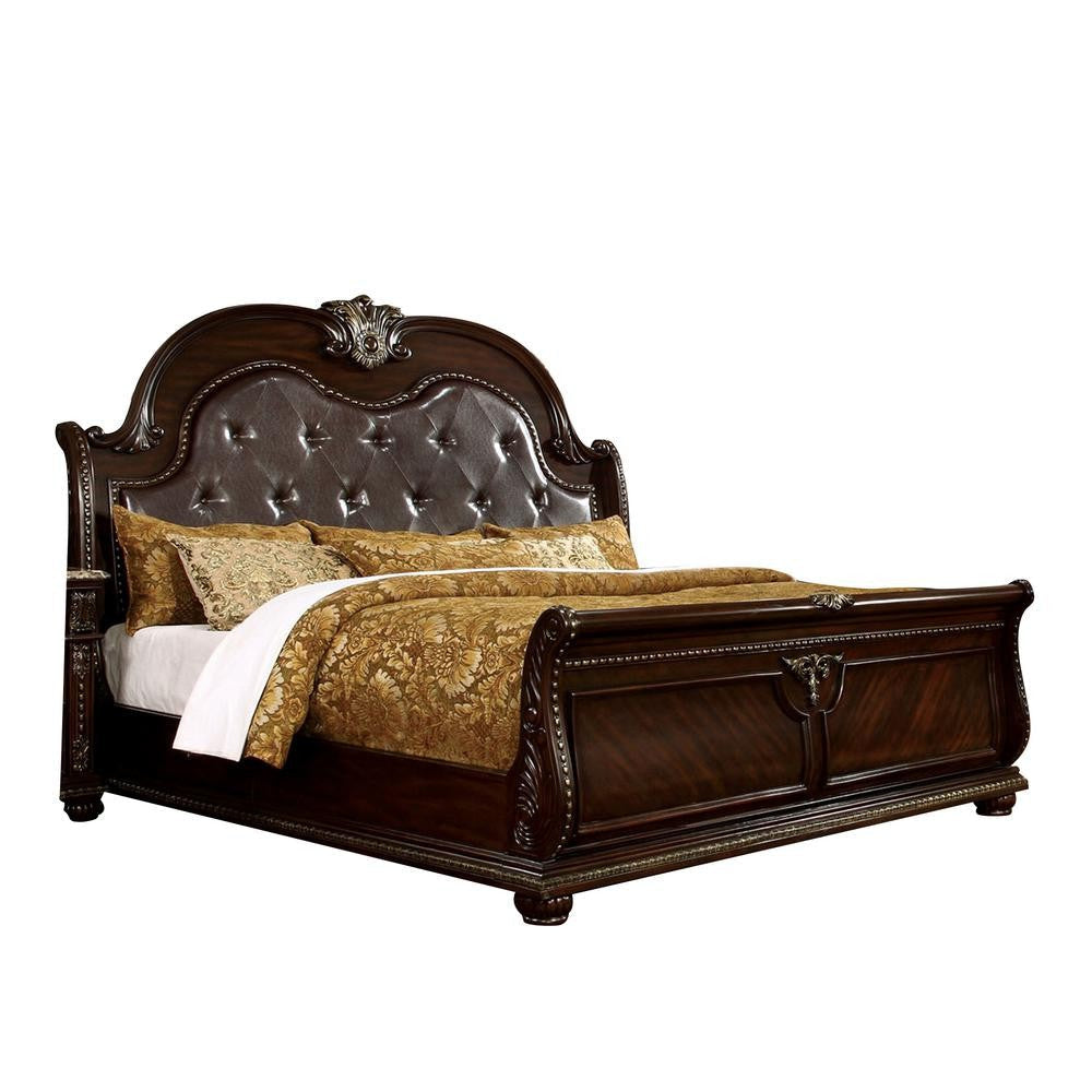 California King Bed with Button Tufted Headboard and Sleigh Footboard,Brown By Casagear Home