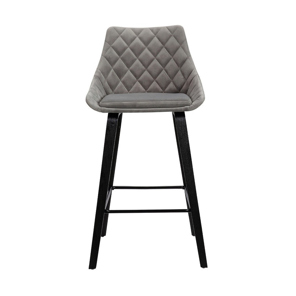 26 Inch Velvet Upholstered Diamond Tufted Wood Leg Barstool Gray and Black By Casagear Home BM214620