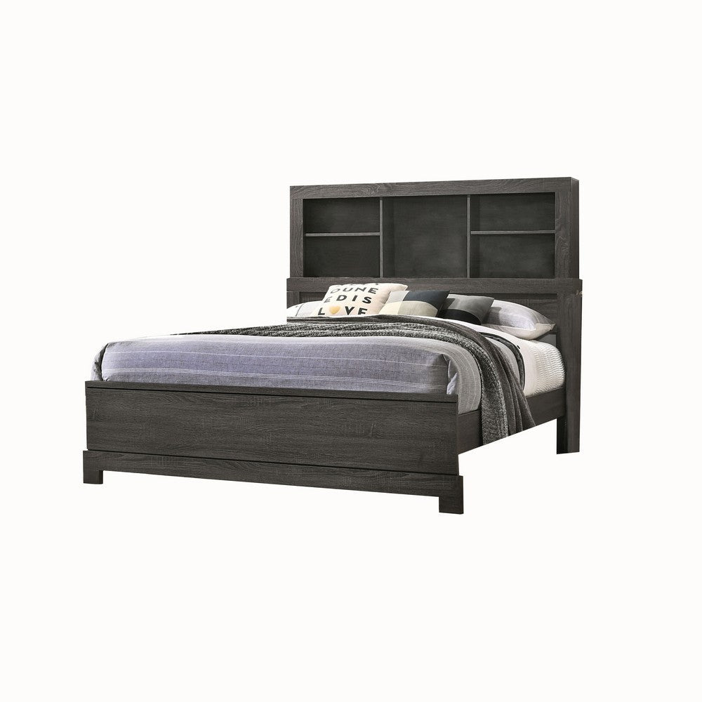 Wooden Queen Size Low Profile Size Bed with Bookcase Headboard, Gray By Casagear Home