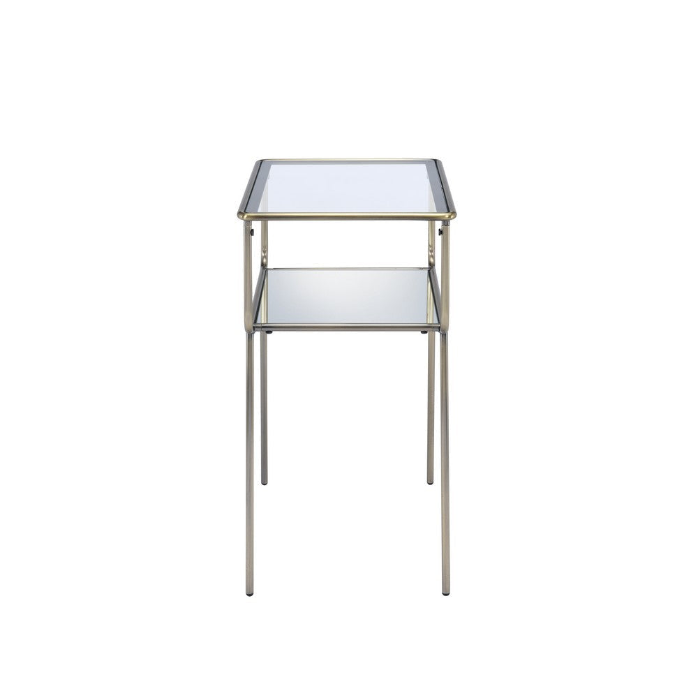 Glass Top End Table with Metal Frame and Open Bottom Shelf Brass and Clear By Casagear Home BM214975