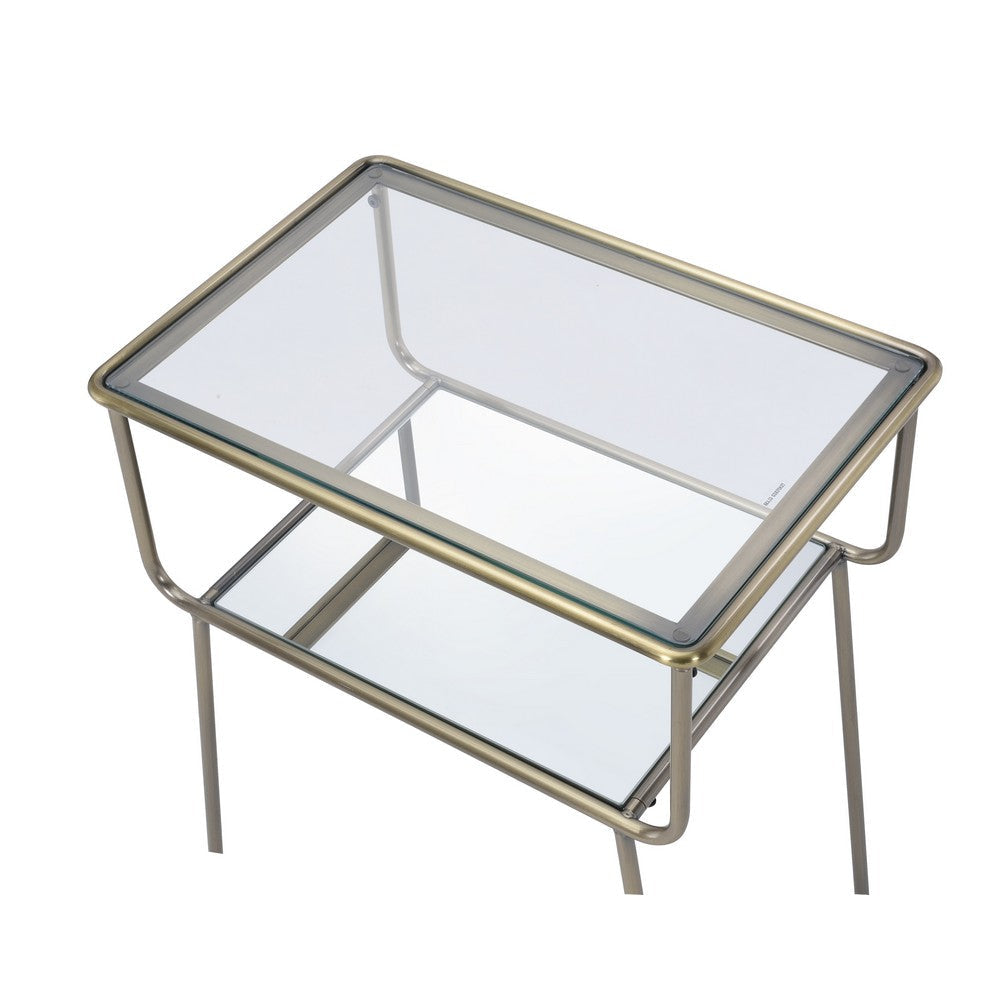 Glass Top End Table with Metal Frame and Open Bottom Shelf Brass and Clear By Casagear Home BM214975